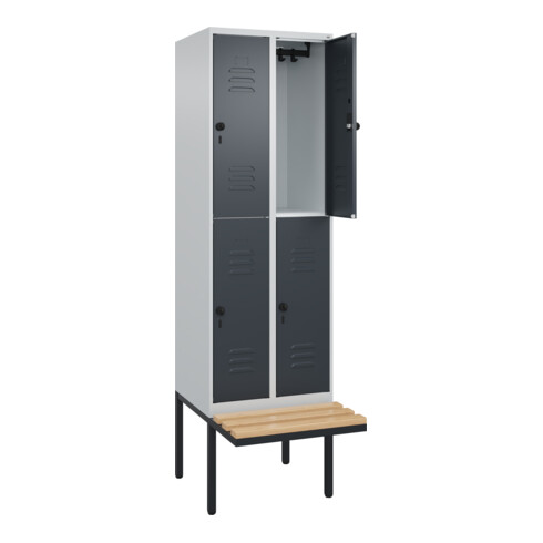 C+P Doppelstock-Spind Classic PLUS, Bank, 2 Abteile, 2120x600x815mm, 7035/7016 Verschluss Sicherheits-Drehriegel Sitzbanktyp auskragend Material Sitzfläche Buche-Hartholz