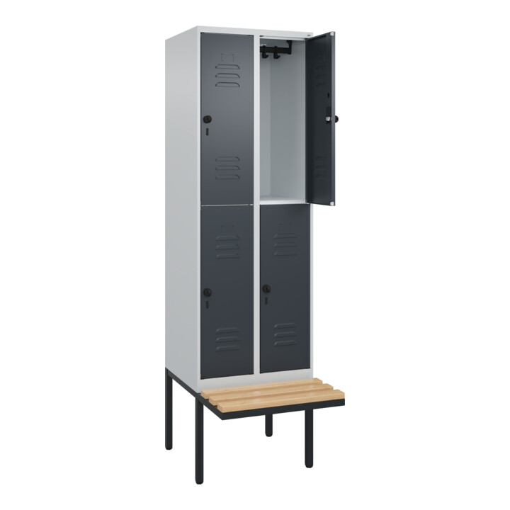 C+P Doppelstock-Spind Classic PLUS, Bank, 2 Abteile, 2120x600x815mm, 7035/7016 Verschluss Sicherheits-Drehriegel Sitzbanktyp auskragend Material Sitzfläche Buche-Hartholz