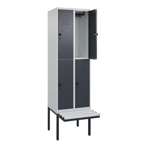 C+P Doppelstock-Spind Classic PLUS, Bank, 2 Abteile, 2120x600x815mm, 7035/7016 Verschluss Sicherheits-Drehriegel Sitzbanktyp auskragend Material Sitzfläche Kunststoff