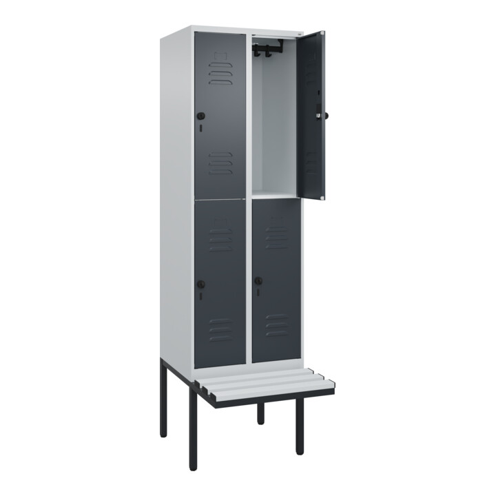 C+P Doppelstock-Spind Classic PLUS, Bank, 2 Abteile, 2120x600x815mm, 7035/7016 Verschluss Sicherheits-Drehriegel Sitzbanktyp auskragend Material Sitzfläche Kunststoff