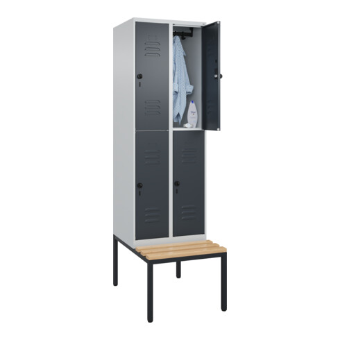 C+P Doppelstock-Spind Classic PLUS, Bank, 2 Abteile, 2120x600x815mm, 7035/7016 Verschluss Sicherheits-Drehriegel Sitzbanktyp untergebaut Material Sitzfläche Buche-Hartholz