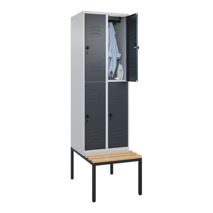 C+P Doppelstock-Spind Classic PLUS, Bank, 2 Abteile, 2120x600x815mm, 7035/7016 Verschluss Sicherheits-Drehriegel Sitzbanktyp untergebaut Material Sitzfläche Buche-Hartholz