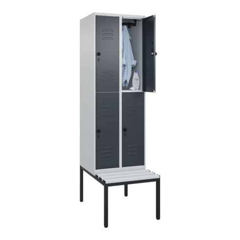 C+P Doppelstock-Spind Classic PLUS, Bank, 2 Abteile, 2120x600x815mm, 7035/7016 Verschluss Sicherheits-Drehriegel Sitzbanktyp untergebaut Material Sitzfläche Kunststoff