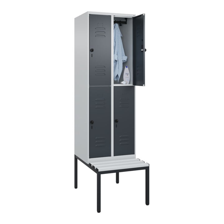 C+P Doppelstock-Spind Classic PLUS, Bank, 2 Abteile, 2120x600x815mm, 7035/7016 Verschluss Sicherheits-Drehriegel Sitzbanktyp untergebaut Material Sitzfläche Kunststoff