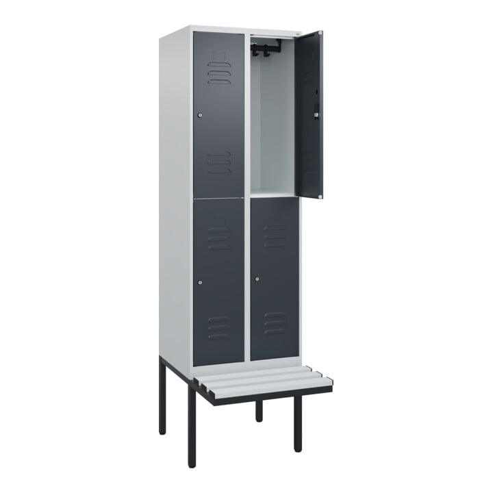 C+P Doppelstock-Spind Classic PLUS, Bank, 2 Abteile, 2120x600x815mm, 7035/7016 Verschluss Zylinderschloss Sitzbanktyp auskragend Material Sitzfläche Kunststoff