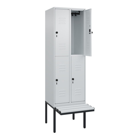 C+P Doppelstock-Spind Classic PLUS, Bank, 2 Abteile, 2120x600x815mm, 7035/7035 Verschluss Sicherheits-Drehriegel Sitzbanktyp auskragend Material Sitzfläche Kunststoff