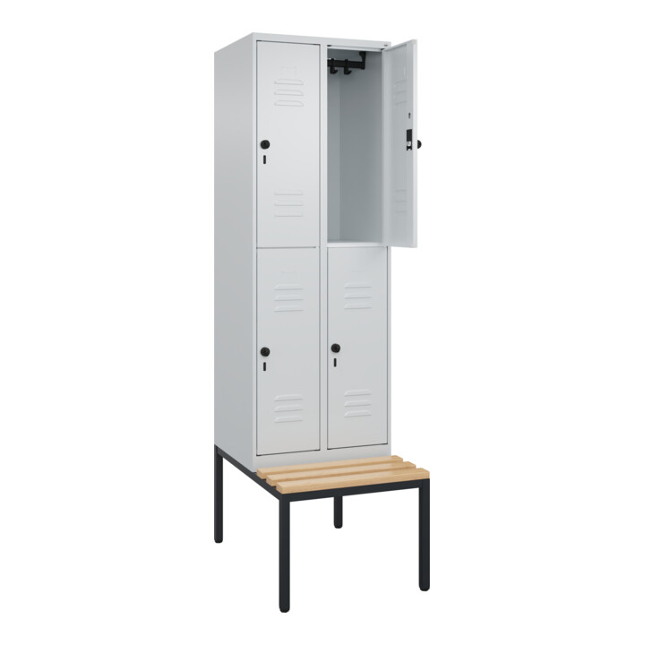 C+P Doppelstock-Spind Classic PLUS, Bank, 2 Abteile, 2120x600x815mm, 7035/7035 Verschluss Sicherheits-Drehriegel Sitzbanktyp untergebaut Material Sitzfläche Buche-Hartholz