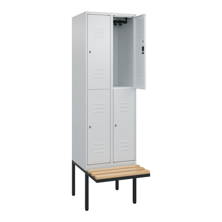C+P Doppelstock-Spind Classic PLUS, Bank, 2 Abteile, 2120x600x815mm, 7035/7035 Verschluss Zylinderschloss Sitzbanktyp auskragend Material Sitzfläche Buche-Hartholz