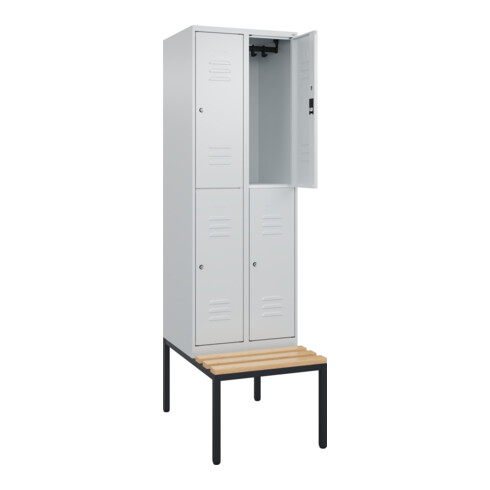 C+P Doppelstock-Spind Classic PLUS, Bank, 2 Abteile, 2120x600x815mm, 7035/7035 Verschluss Zylinderschloss Sitzbanktyp untergebaut Material Sitzfläche Buche-Hartholz