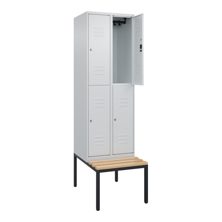 C+P Doppelstock-Spind Classic PLUS, Bank, 2 Abteile, 2120x600x815mm, 7035/7035 Verschluss Zylinderschloss Sitzbanktyp untergebaut Material Sitzfläche Buche-Hartholz