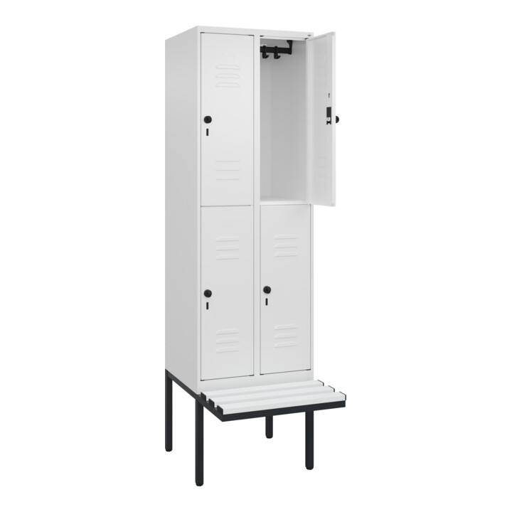 C+P Doppelstock-Spind Classic PLUS, Bank, 2 Abteile, 2120x600x815mm, 9016/9016 Verschluss Sicherheits-Drehriegel Sitzbanktyp auskragend Material Sitzfläche Kunststoff