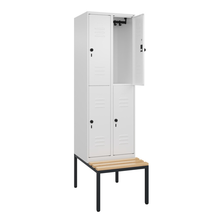 C+P Doppelstock-Spind Classic PLUS, Bank, 2 Abteile, 2120x600x815mm, 9016/9016 Verschluss Sicherheits-Drehriegel Sitzbanktyp untergebaut Material Sitzfläche Buche-Hartholz
