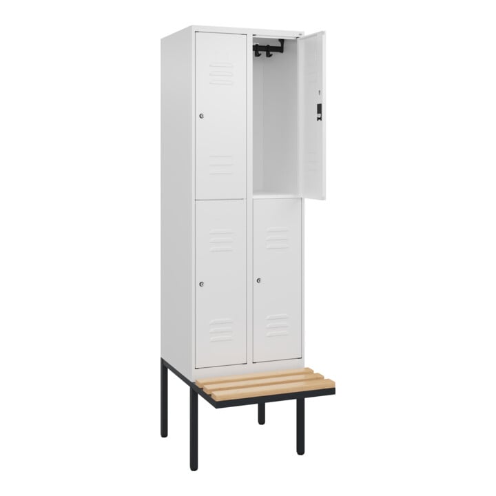 C+P Doppelstock-Spind Classic PLUS, Bank, 2 Abteile, 2120x600x815mm, 9016/9016 Verschluss Zylinderschloss Sitzbanktyp auskragend Material Sitzfläche Buche-Hartholz