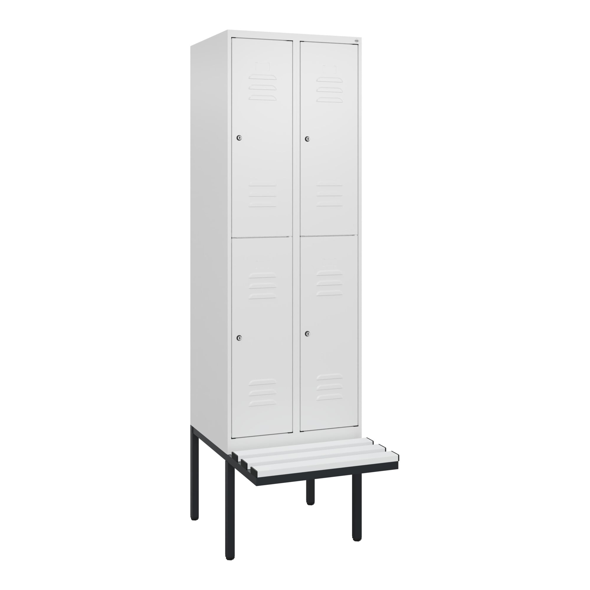 C+P Doppelstock-Spind Classic PLUS, Bank, 2 Abteile, 2120x600x815mm, 9016/9016 Verschluss Zylinderschloss Sitzbanktyp auskragend Material Sitzfläche K