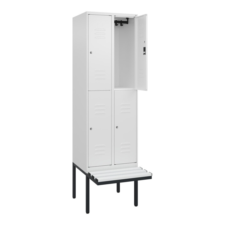 C+P Doppelstock-Spind Classic PLUS, Bank, 2 Abteile, 2120x600x815mm, 9016/9016 Verschluss Zylinderschloss Sitzbanktyp auskragend Material Sitzfläche Kunststoff