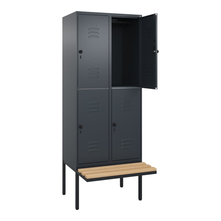 C+P Doppelstock-Spind Classic PLUS, Bank, 2 Abteile, 2120x800x815mm, 7016/7016 Verschluss Sicherheits-Drehriegel Sitzbanktyp auskragend Material Sitzfläche Buche-Hartholz