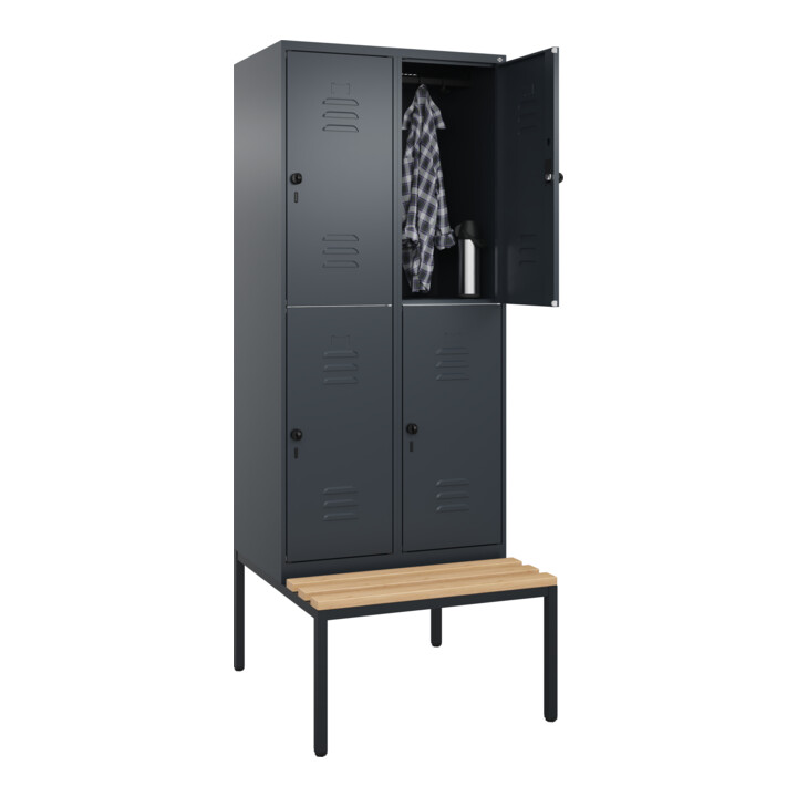 C+P Doppelstock-Spind Classic PLUS, Bank, 2 Abteile, 2120x800x815mm, 7016/7016 Verschluss Sicherheits-Drehriegel Sitzbanktyp untergebaut Material Sitzfläche Buche-Hartholz