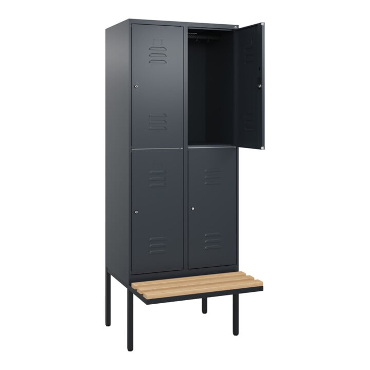 C+P Doppelstock-Spind Classic PLUS, Bank, 2 Abteile, 2120x800x815mm, 7016/7016 Verschluss Zylinderschloss Sitzbanktyp auskragend Material Sitzfläche Buche-Hartholz