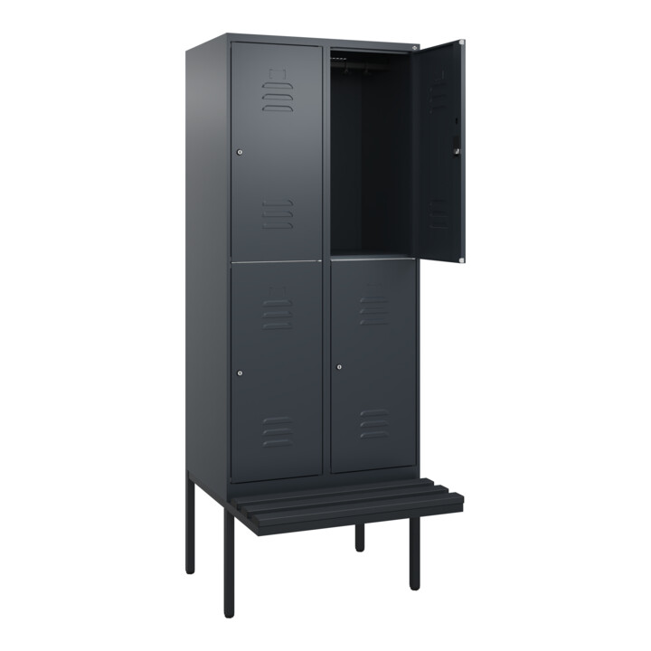 C+P Doppelstock-Spind Classic PLUS, Bank, 2 Abteile, 2120x800x815mm, 7016/7016 Verschluss Zylinderschloss Sitzbanktyp auskragend Material Sitzfläche Kunststoff