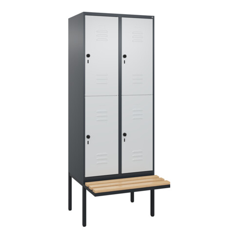 C+P Doppelstock-Spind Classic PLUS, Bank, 2 Abteile, 2120x800x815mm, 7016/7035 Verschluss Sicherheits-Drehriegel Sitzbanktyp auskragend Material Sitzfläche Buche-Hartholz