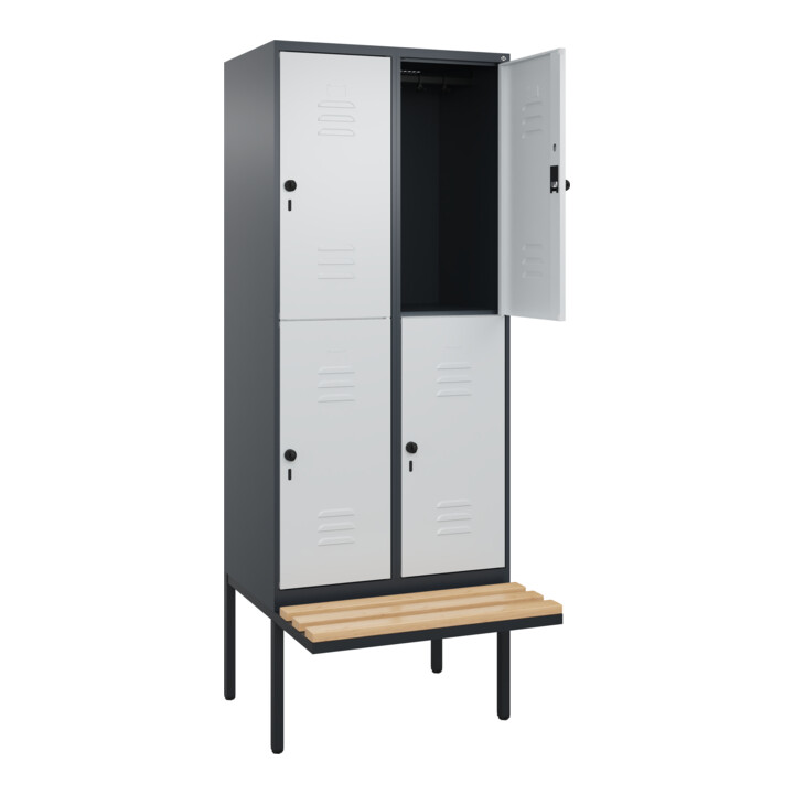 C+P Doppelstock-Spind Classic PLUS, Bank, 2 Abteile, 2120x800x815mm, 7016/7035 Verschluss Sicherheits-Drehriegel Sitzbanktyp auskragend Material Sitzfläche Buche-Hartholz