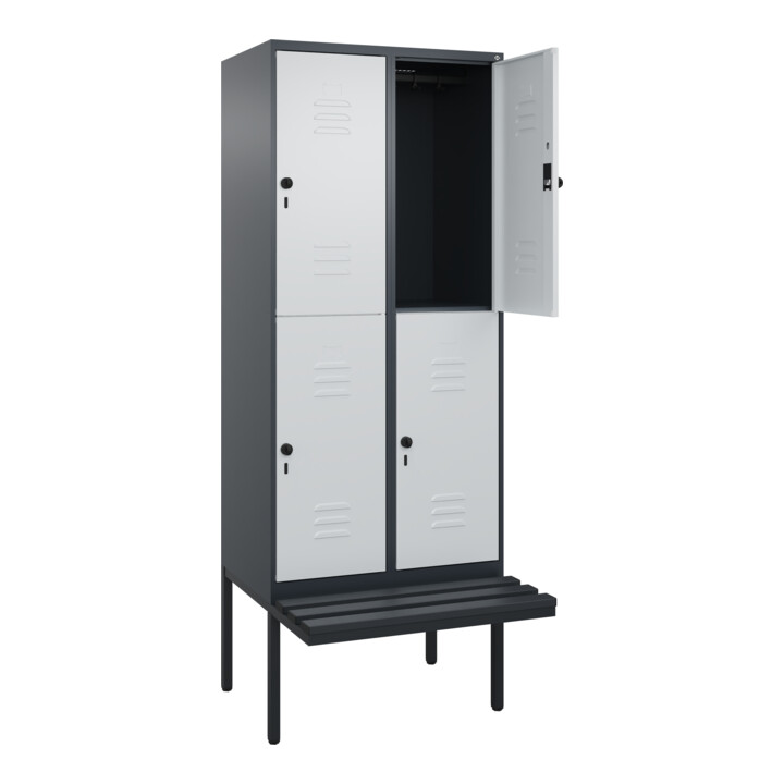 C+P Doppelstock-Spind Classic PLUS, Bank, 2 Abteile, 2120x800x815mm, 7016/7035 Verschluss Sicherheits-Drehriegel Sitzbanktyp auskragend Material Sitzfläche Kunststoff