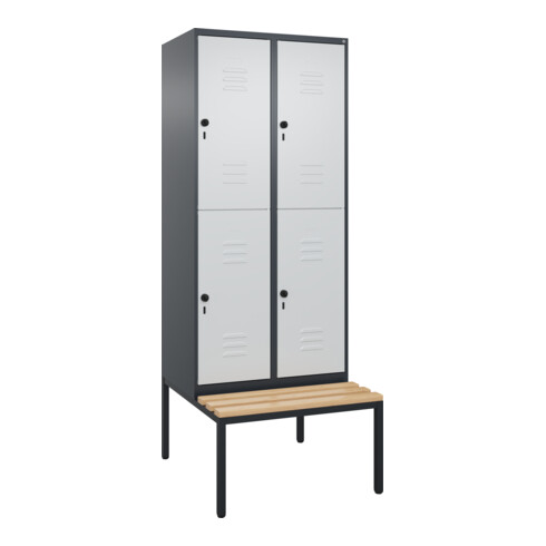 C+P Doppelstock-Spind Classic PLUS, Bank, 2 Abteile, 2120x800x815mm, 7016/7035 Verschluss Sicherheits-Drehriegel Sitzbanktyp untergebaut Material Sitzfläche Buche-Hartholz