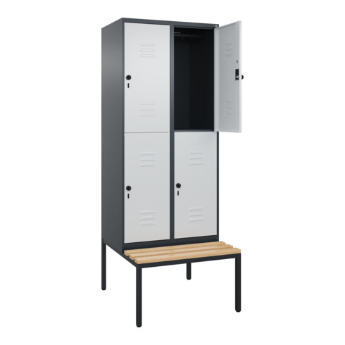 C+P Doppelstock-Spind Classic PLUS, Bank, 2 Abteile, 2120x800x815mm, 7016/7035 Verschluss Sicherheits-Drehriegel Sitzbanktyp untergebaut Material Sitzfläche Buche-Hartholz