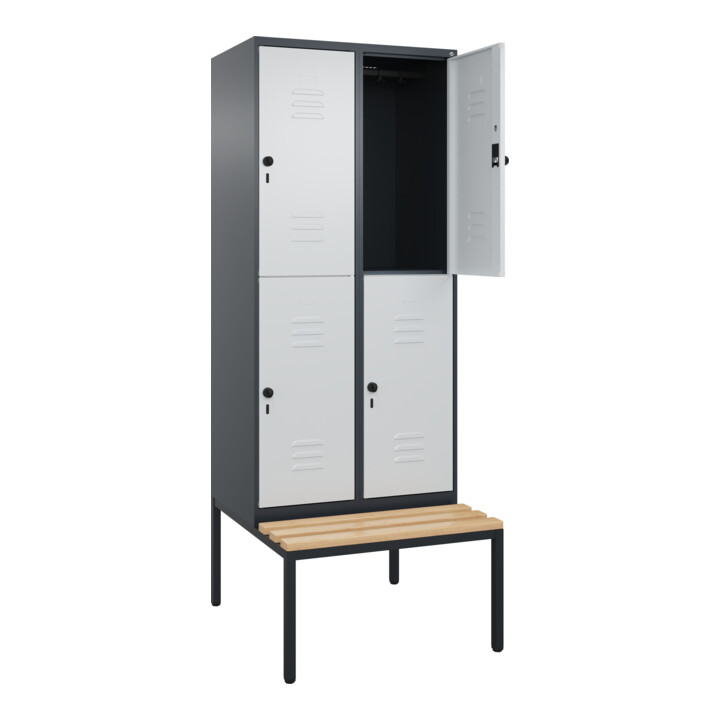 C+P Doppelstock-Spind Classic PLUS, Bank, 2 Abteile, 2120x800x815mm, 7016/7035 Verschluss Sicherheits-Drehriegel Sitzbanktyp untergebaut Material Sitzfläche Buche-Hartholz