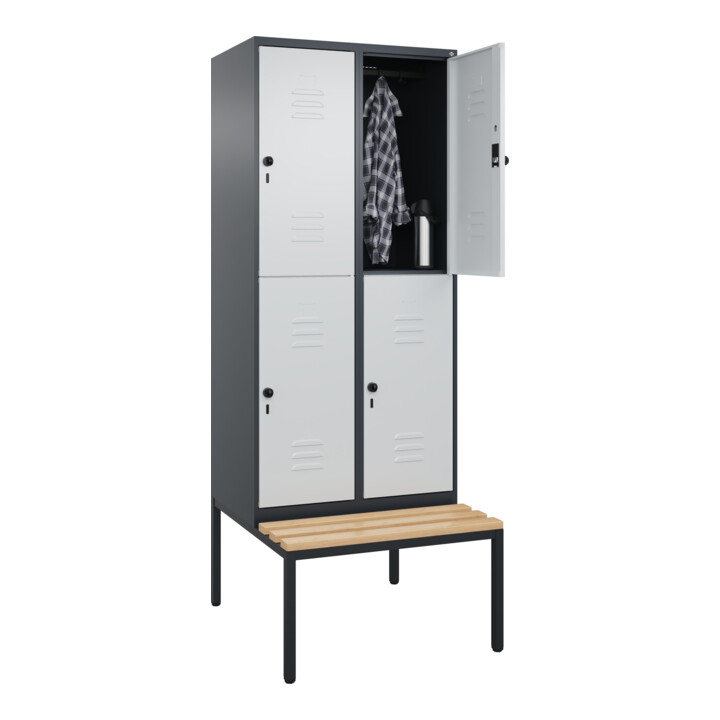 C+P Doppelstock-Spind Classic PLUS, Bank, 2 Abteile, 2120x800x815mm, 7016/7035 Verschluss Sicherheits-Drehriegel Sitzbanktyp untergebaut Material Sitzfläche Buche-Hartholz