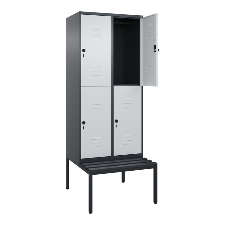 C+P Doppelstock-Spind Classic PLUS, Bank, 2 Abteile, 2120x800x815mm, 7016/7035 Verschluss Sicherheits-Drehriegel Sitzbanktyp untergebaut Material Sitzfläche Kunststoff