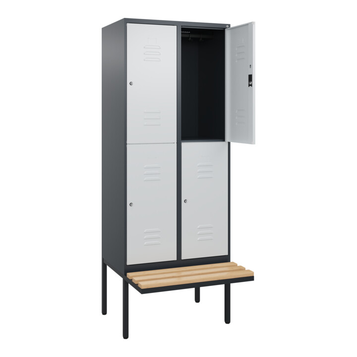 C+P Doppelstock-Spind Classic PLUS, Bank, 2 Abteile, 2120x800x815mm, 7016/7035 Verschluss Zylinderschloss Sitzbanktyp auskragend Material Sitzfläche Buche-Hartholz