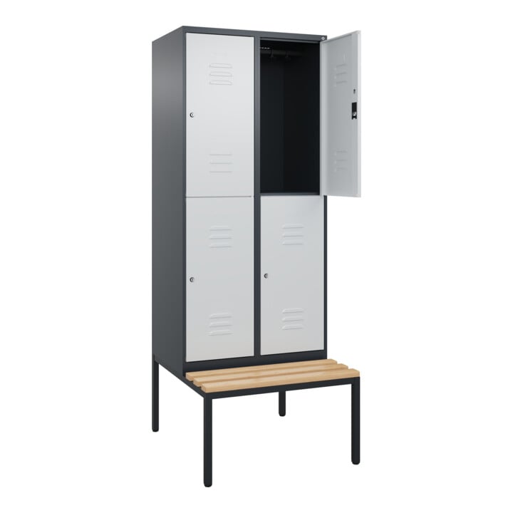 C+P Doppelstock-Spind Classic PLUS, Bank, 2 Abteile, 2120x800x815mm, 7016/7035 Verschluss Zylinderschloss Sitzbanktyp untergebaut Material Sitzfläche Buche-Hartholz