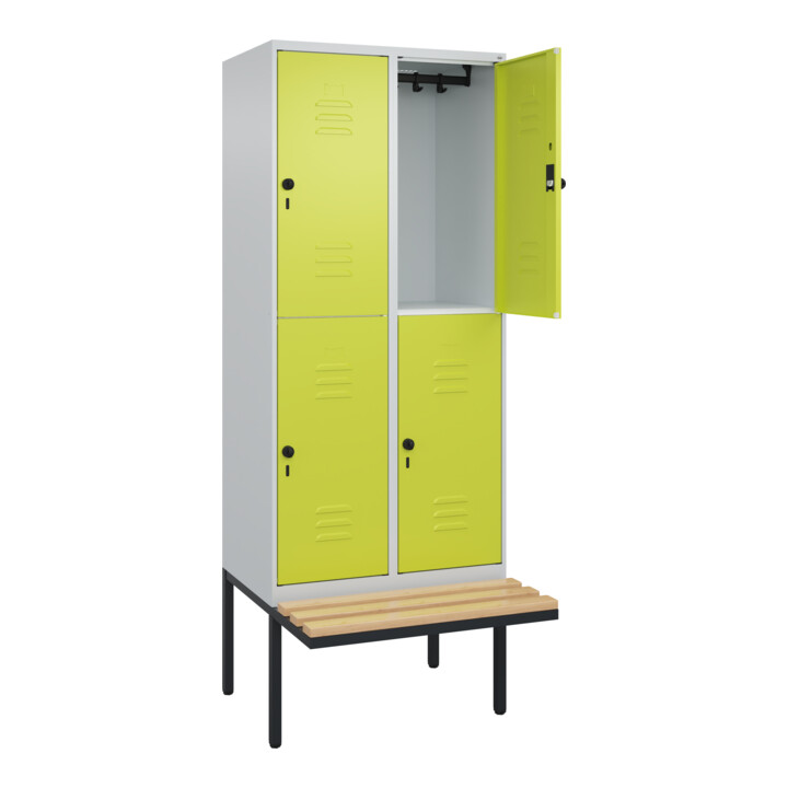 C+P Doppelstock-Spind Classic PLUS, Bank, 2 Abteile, 2120x800x815mm, 7035/0024 Verschluss Sicherheits-Drehriegel Sitzbanktyp auskragend Material Sitzfläche Buche-Hartholz
