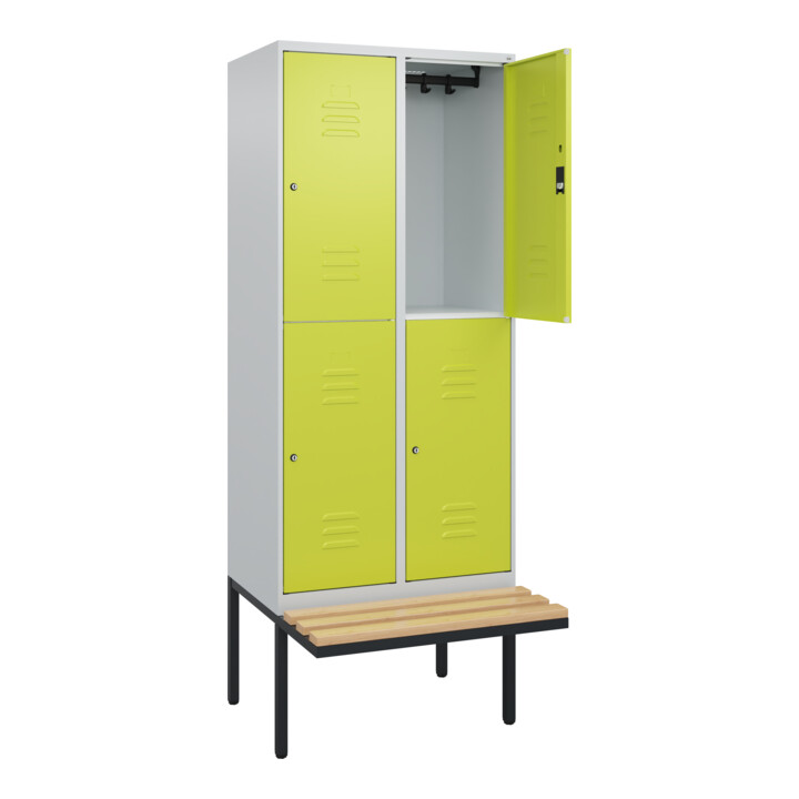 C+P Doppelstock-Spind Classic PLUS, Bank, 2 Abteile, 2120x800x815mm, 7035/0024 Verschluss Zylinderschloss Sitzbanktyp auskragend Material Sitzfläche Buche-Hartholz