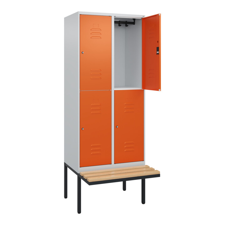 C+P Doppelstock-Spind Classic PLUS, Bank, 2 Abteile, 2120x800x815mm, 7035/2004 Verschluss Zylinderschloss Sitzbanktyp auskragend Material Sitzfläche Buche-Hartholz