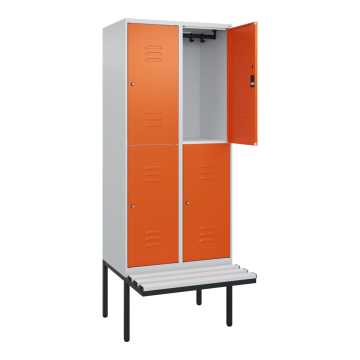 C+P Doppelstock-Spind Classic PLUS, Bank, 2 Abteile, 2120x800x815mm, 7035/2004 Verschluss Zylinderschloss Sitzbanktyp auskragend Material Sitzfläche Kunststoff
