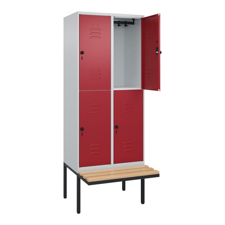 C+P Doppelstock-Spind Classic PLUS, Bank, 2 Abteile, 2120x800x815mm, 7035/3003 Verschluss Sicherheits-Drehriegel Sitzbanktyp auskragend Material Sitzfläche Buche-Hartholz