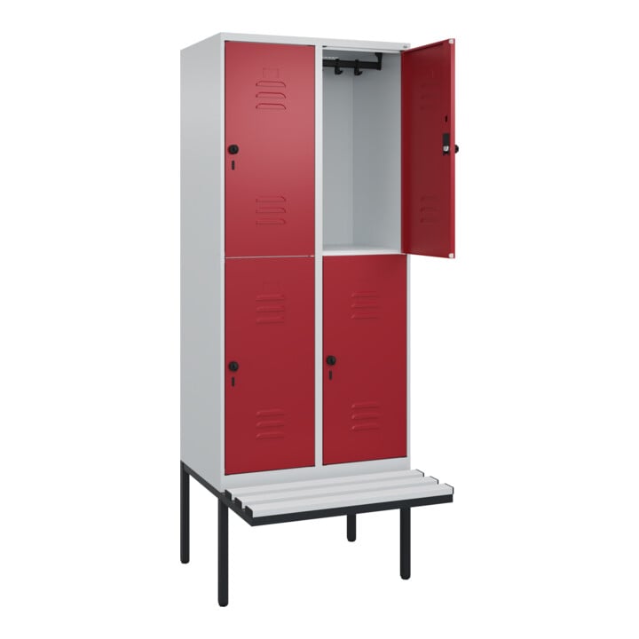 C+P Doppelstock-Spind Classic PLUS, Bank, 2 Abteile, 2120x800x815mm, 7035/3003 Verschluss Sicherheits-Drehriegel Sitzbanktyp auskragend Material Sitzfläche Kunststoff
