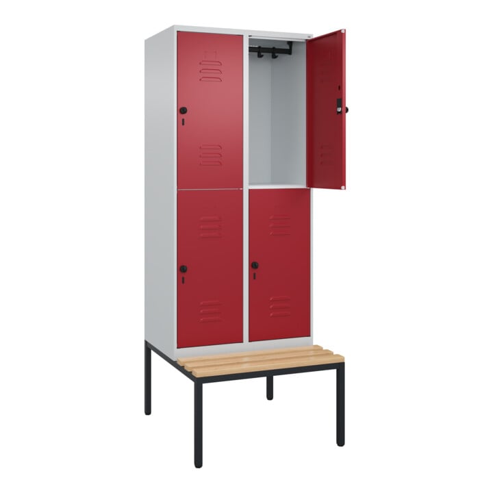C+P Doppelstock-Spind Classic PLUS, Bank, 2 Abteile, 2120x800x815mm, 7035/3003 Verschluss Sicherheits-Drehriegel Sitzbanktyp untergebaut Material Sitzfläche Buche-Hartholz