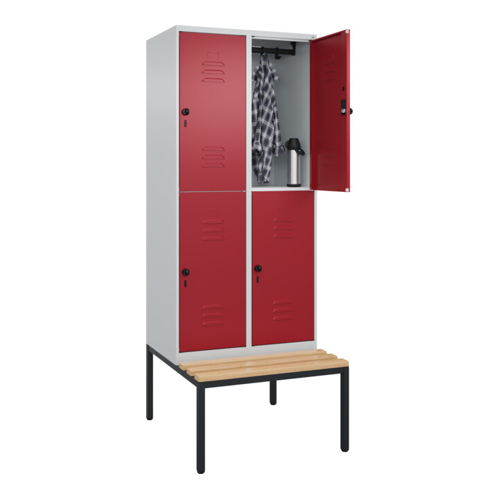 C+P Doppelstock-Spind Classic PLUS, Bank, 2 Abteile, 2120x800x815mm, 7035/3003 Verschluss Sicherheits-Drehriegel Sitzbanktyp untergebaut Material Sitzfläche Buche-Hartholz