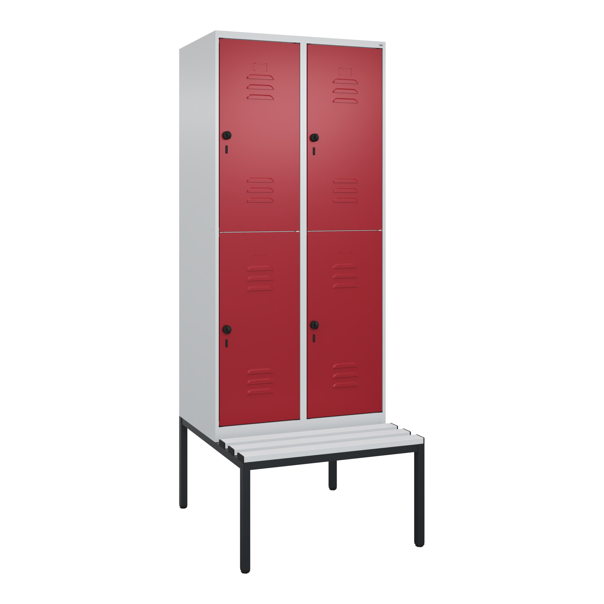 C+P Doppelstock-Spind Classic PLUS, Bank, 2 Abteile, 2120x800x815mm, 7035/3003 Verschluss Sicherheits-Drehriegel Sitzbanktyp untergebaut Material Sitz