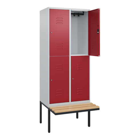 C+P Doppelstock-Spind Classic PLUS, Bank, 2 Abteile, 2120x800x815mm, 7035/3003 Verschluss Zylinderschloss Sitzbanktyp auskragend Material Sitzfläche Buche-Hartholz