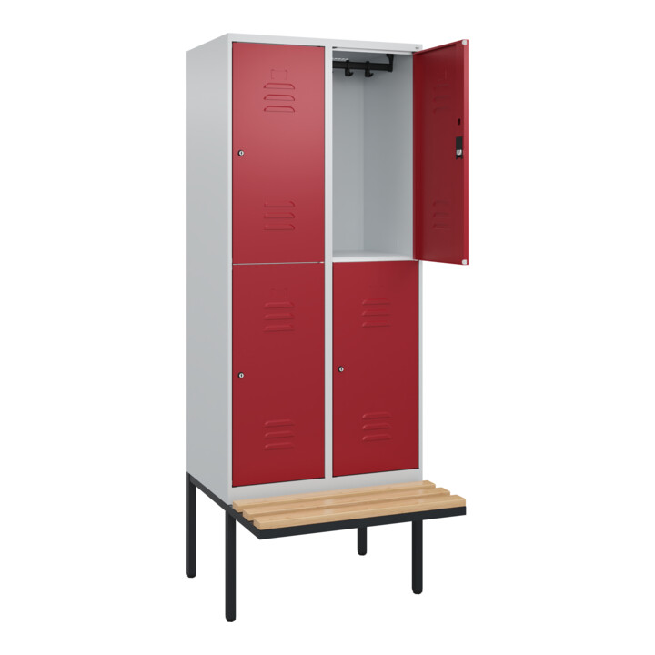 C+P Doppelstock-Spind Classic PLUS, Bank, 2 Abteile, 2120x800x815mm, 7035/3003 Verschluss Zylinderschloss Sitzbanktyp auskragend Material Sitzfläche Buche-Hartholz