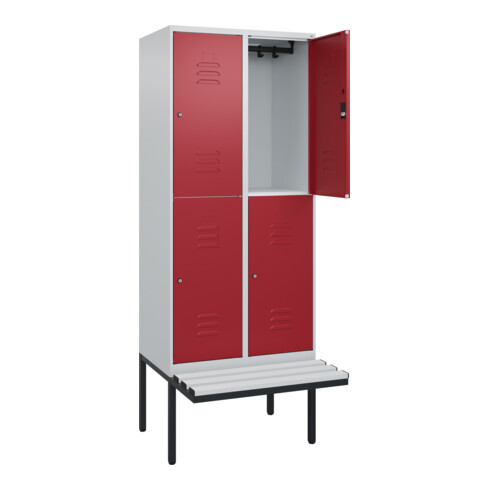 C+P Doppelstock-Spind Classic PLUS, Bank, 2 Abteile, 2120x800x815mm, 7035/3003 Verschluss Zylinderschloss Sitzbanktyp auskragend Material Sitzfläche Kunststoff