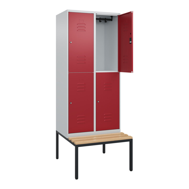 C+P Doppelstock-Spind Classic PLUS, Bank, 2 Abteile, 2120x800x815mm, 7035/3003 Verschluss Zylinderschloss Sitzbanktyp untergebaut Material Sitzfläche Buche-Hartholz