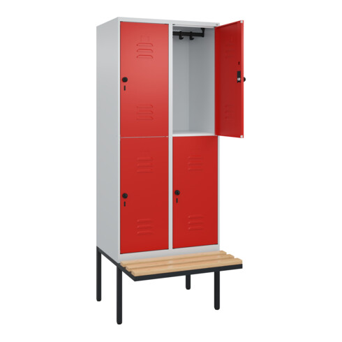 C+P Doppelstock-Spind Classic PLUS, Bank, 2 Abteile, 2120x800x815mm, 7035/3020 Verschluss Sicherheits-Drehriegel Sitzbanktyp auskragend Material Sitzfläche Buche-Hartholz