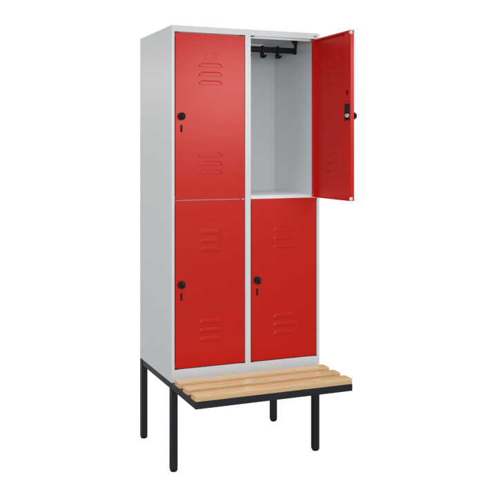 C+P Doppelstock-Spind Classic PLUS, Bank, 2 Abteile, 2120x800x815mm, 7035/3020 Verschluss Sicherheits-Drehriegel Sitzbanktyp auskragend Material Sitzfläche Buche-Hartholz