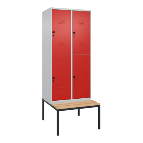 C+P Doppelstock-Spind Classic PLUS, Bank, 2 Abteile, 2120x800x815mm, 7035/3020 Verschluss Sicherheits-Drehriegel Sitzbanktyp untergebaut Material Sitzfläche Buche-Hartholz