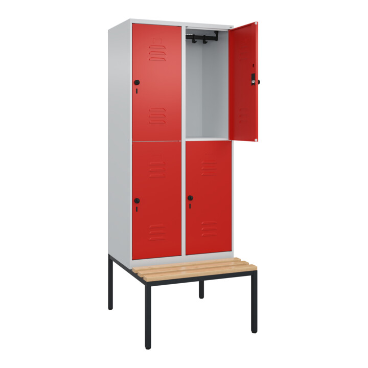 C+P Doppelstock-Spind Classic PLUS, Bank, 2 Abteile, 2120x800x815mm, 7035/3020 Verschluss Sicherheits-Drehriegel Sitzbanktyp untergebaut Material Sitzfläche Buche-Hartholz